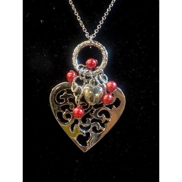 Silver Heart Pendant Necklace & Earrings Set With Red Beads By Paparazzi Jewelry - Picture 2 of 4